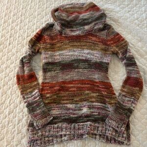 Women’s Multicolor Boho Cottagecore Striped Cowl Crochet Sweater Size L